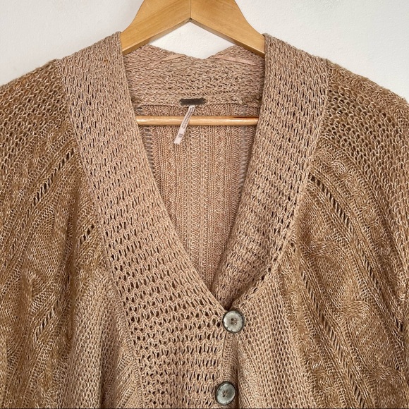Free People Tan Loose Cable Knit Shawl Collar Cardigan Size XS - Picture 6 of 8